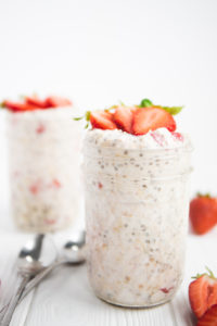 overnight oats topped with strawberries